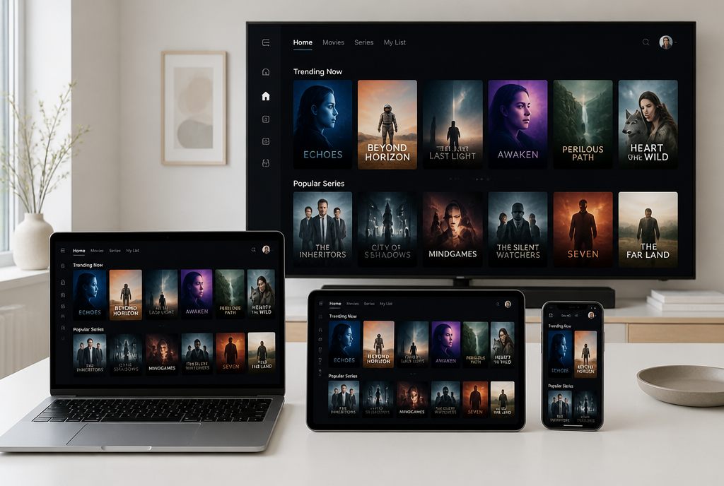 TV, laptop, surfplatta och mobil som visar samma streamingtjänst