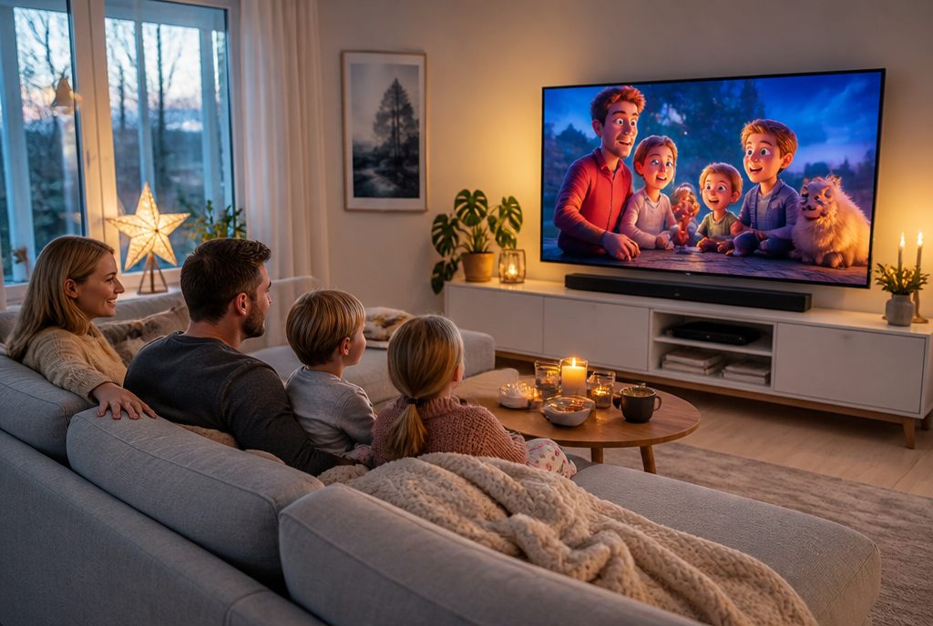 Familj i soffan tittar på en animerad film tillsammans