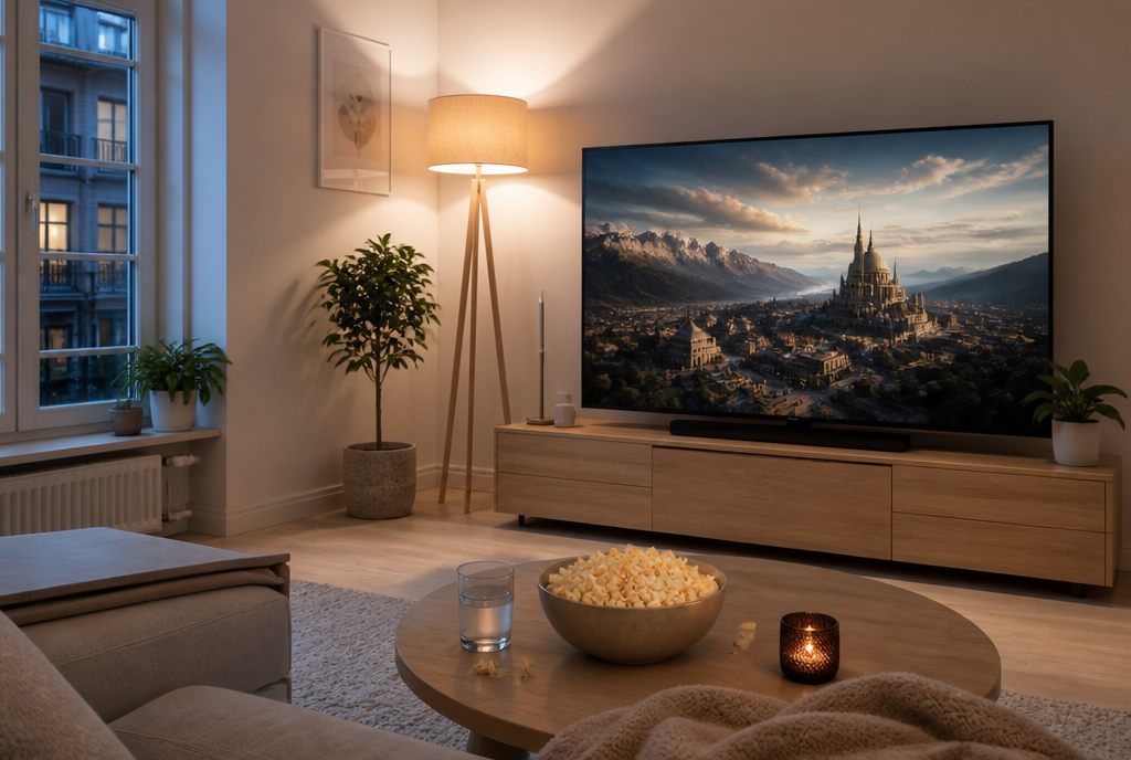 Mysig filmkväll hemma framför TV:n med popcorn