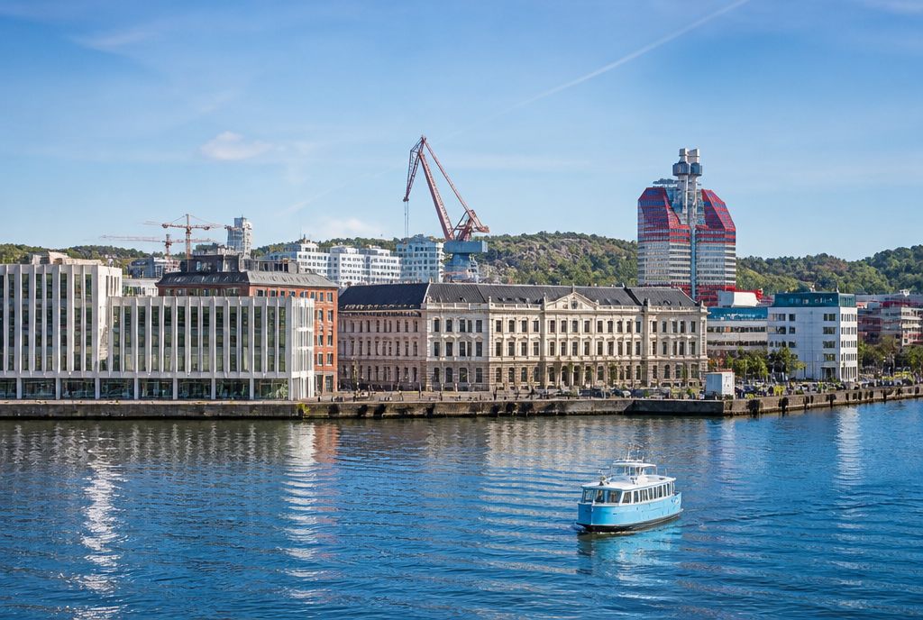 Göteborgs hamn och stadssiluett i dagsljus
