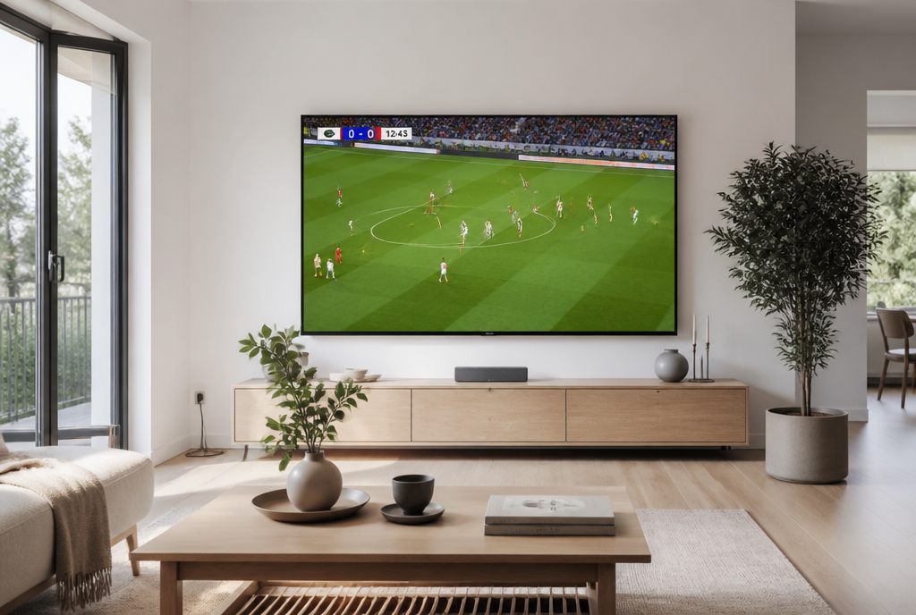 Ljust svenskt vardagsrum där en TV visar en fotbollsmatch via IPTV Sverige