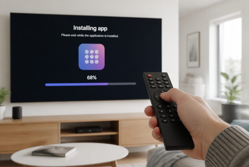 Hand med fjärrkontroll installerar en app på TV:n